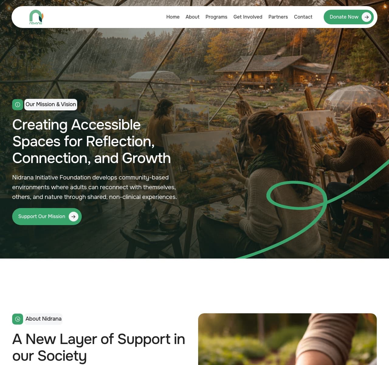 Nidrana mission and vision page shown on desktop